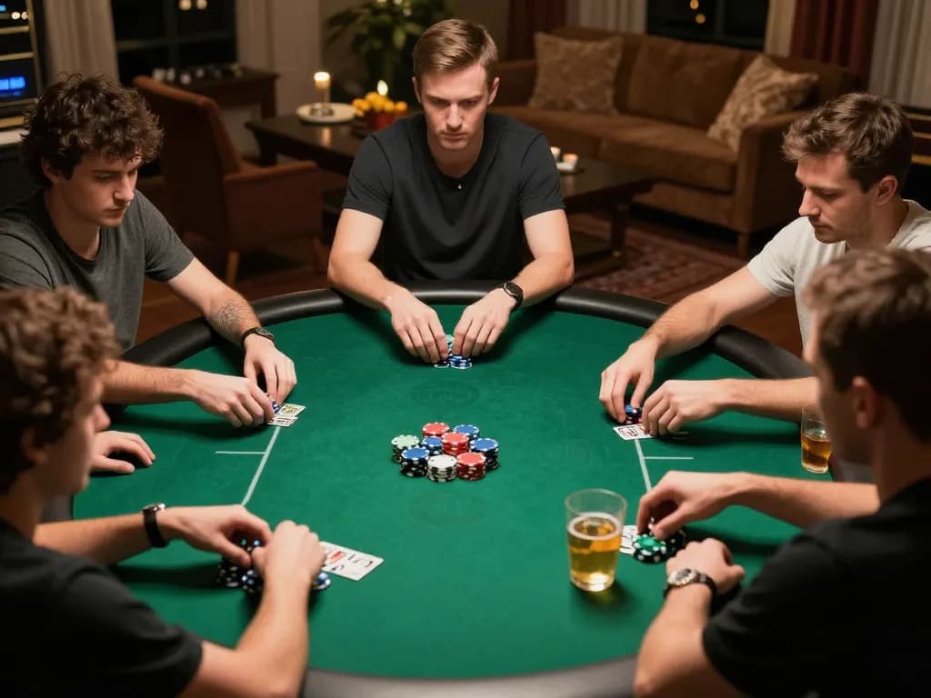 Players engaging in an intense poker game at home, showcasing the thrill of online gaming with say88.