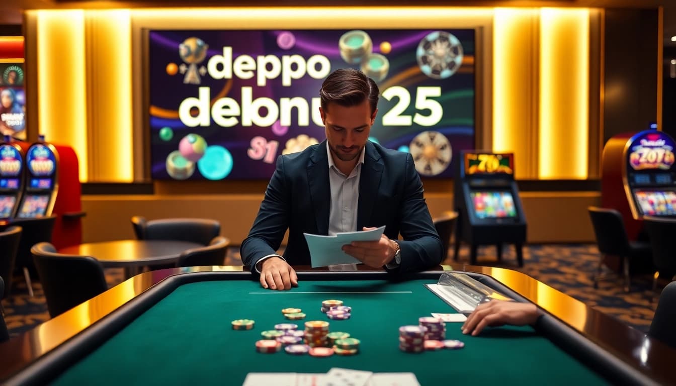 A player engaged in online gambling with a focus on depo 25 bonus 25 at a luxurious casino table.