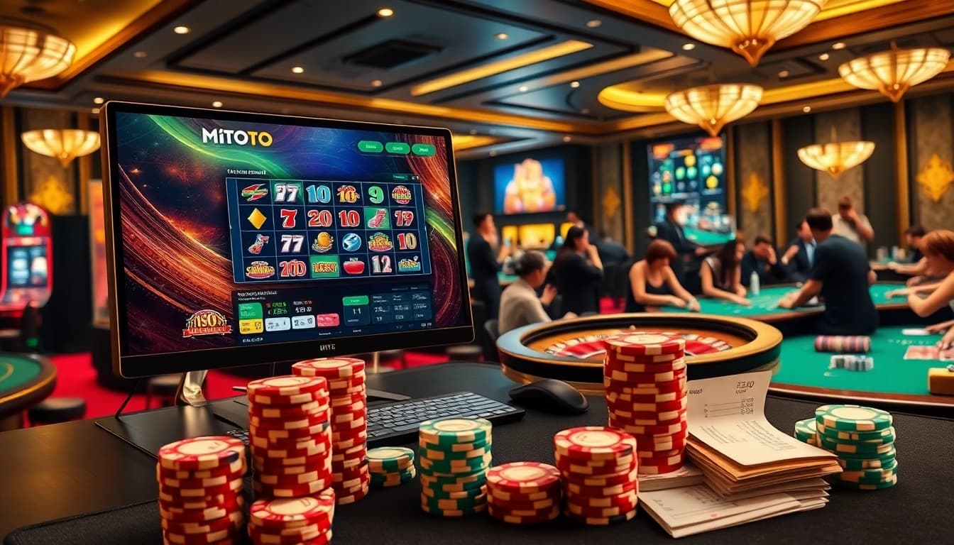 Pengalaman perjudian online M1TOTO dengan mesin slot dan meja roulette yang memancarkan kegembiraan kasino.