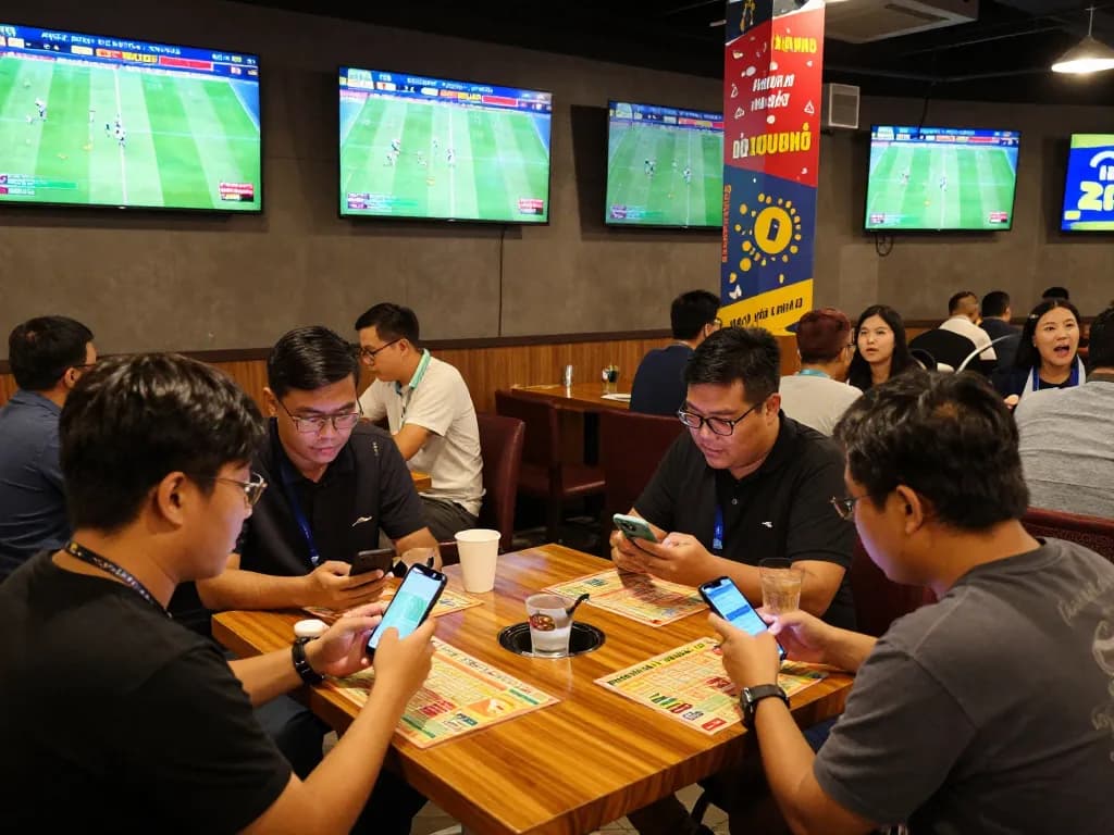 Soi kèo bồ đào nha where enthusiastic bettors engage in live sports betting, analyzing odds while enjoying the atmosphere.