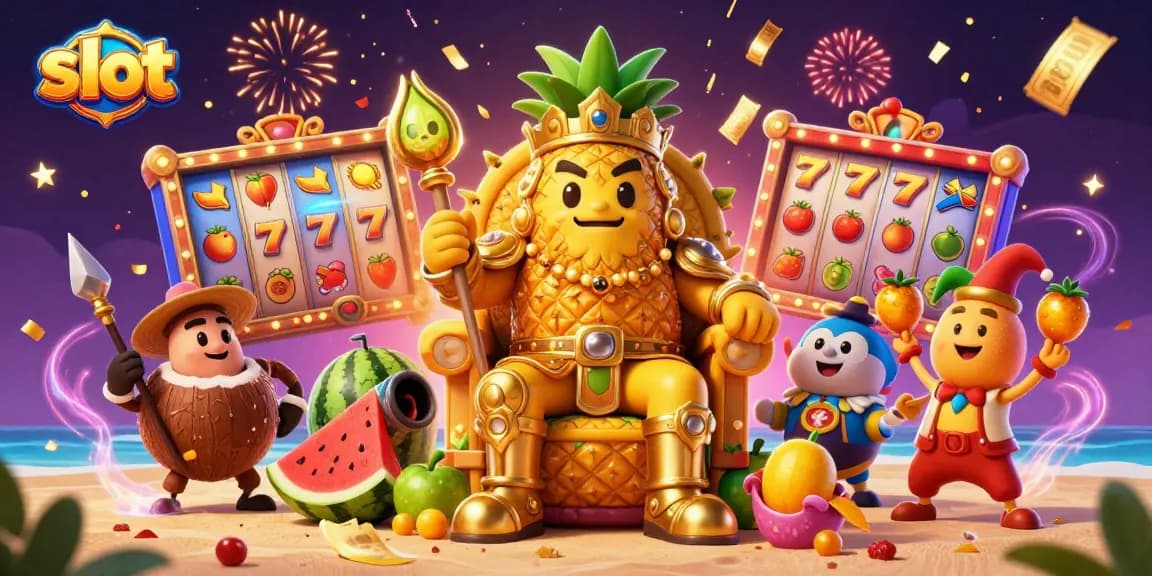 Slot yang mengasyikkan dengan raja nanas emas dan elemen kasino digital untuk pemain.