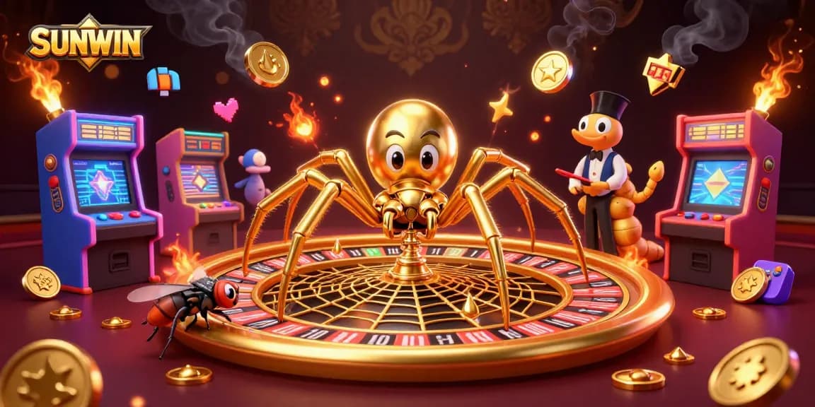 SUNWIN gaming scene with a golden spider spinning a roulette wheel web as a centipede croupier oversees bets