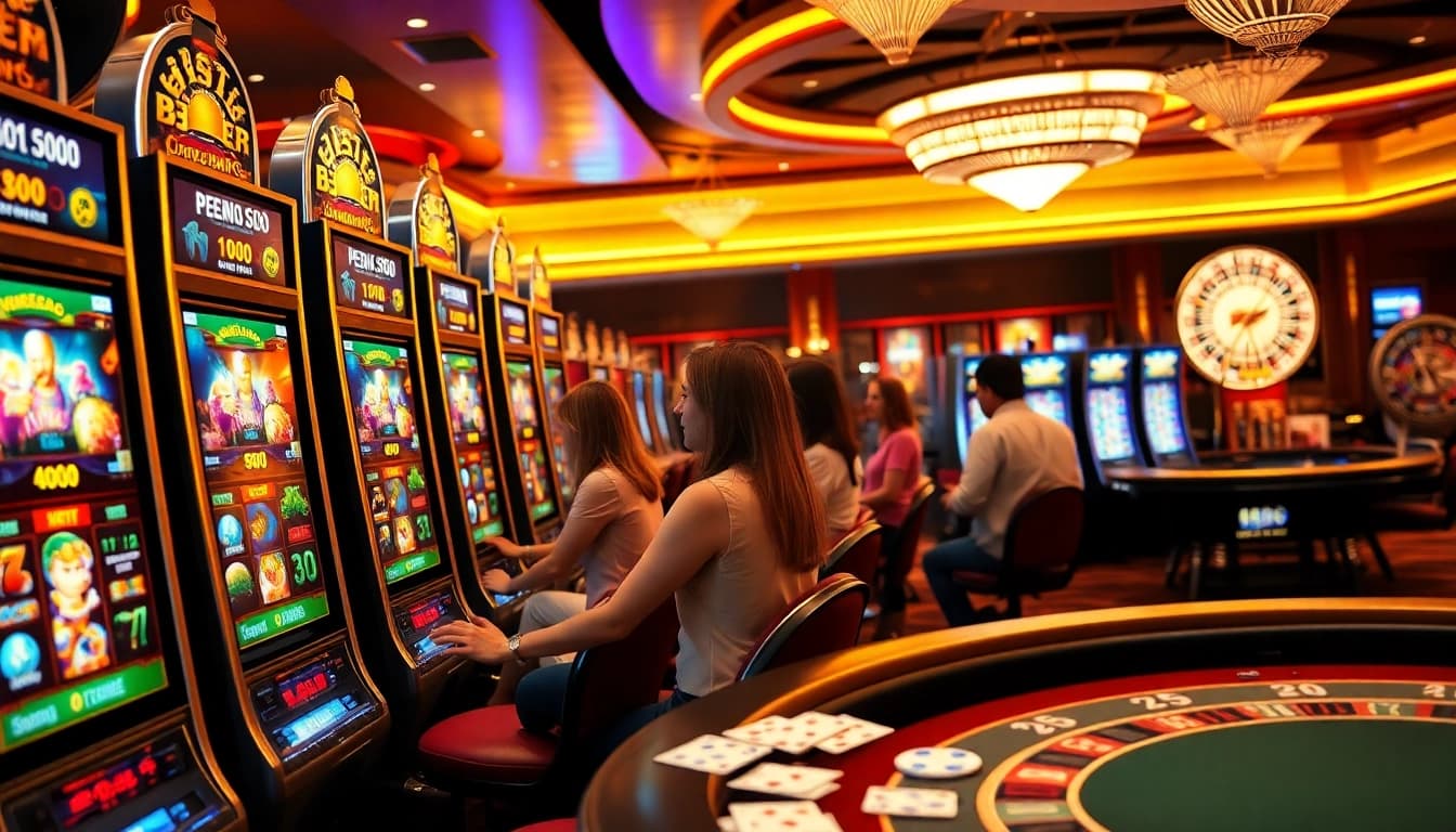 PEN4D gamers enjoying vibrant slot machines in a luxurious casino environment with engaging graphics.