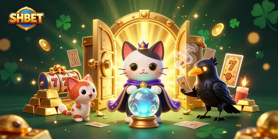 Engage with SHBET's exciting casino experience through an enchanting scene featuring mystic elements and slot showcases.