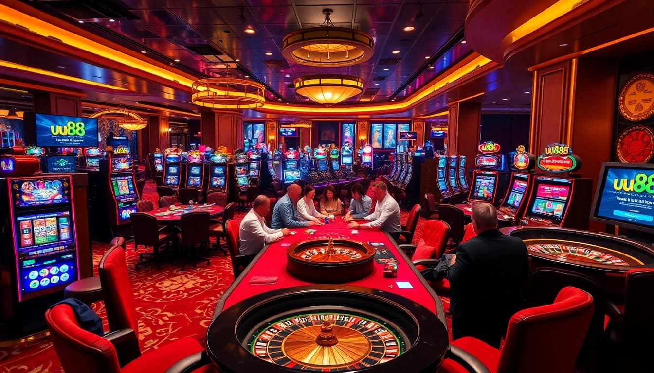 Action-packed poker game at uu88 casino, with vibrant slot machines and roulette wheel.