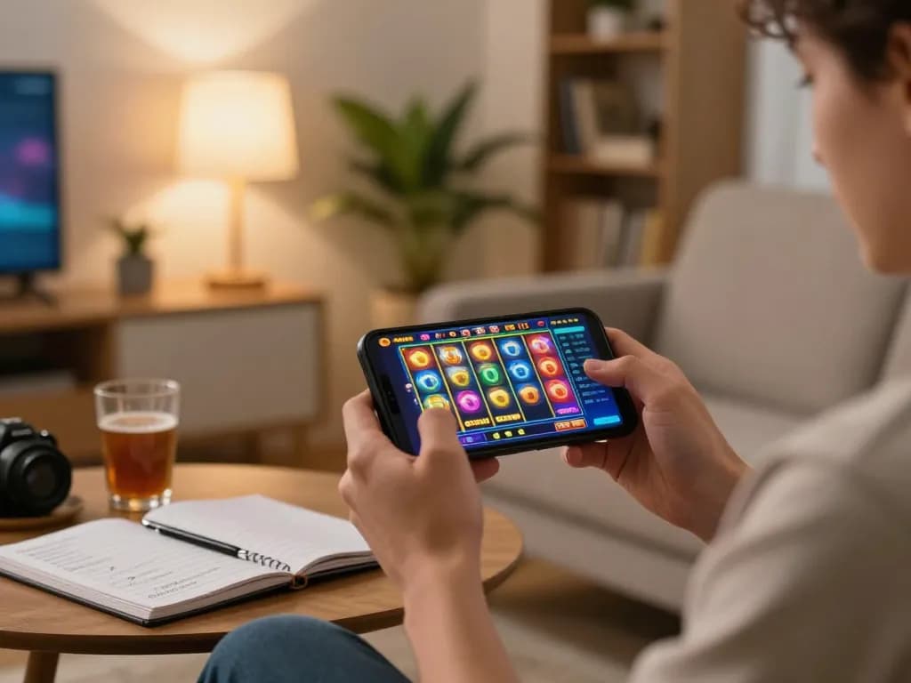 Player engages in fun mobile gameplay with viceroyluxury slot app in cozy living space, showcasing modern home entertainment.