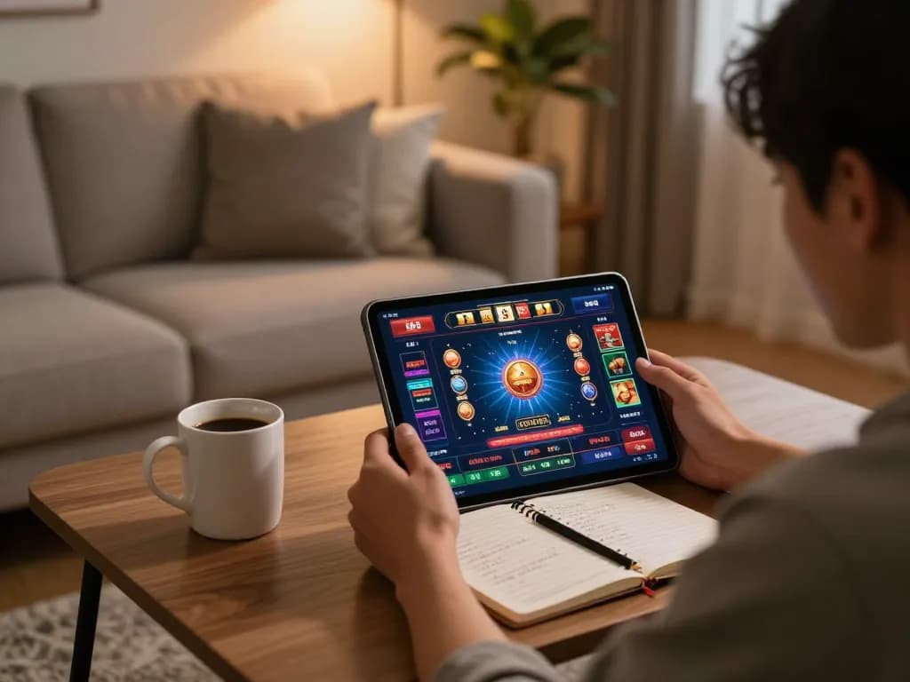 Player engaging with bk8 casino app on tablet while strategizing at home.