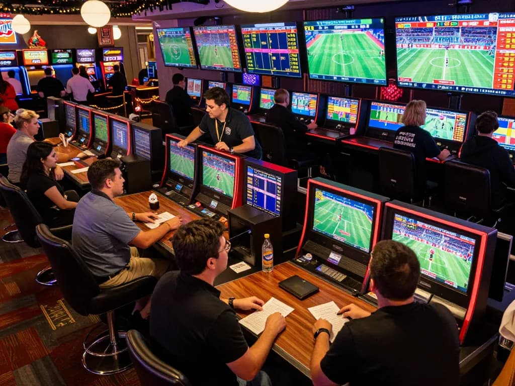 Engaged bettors using may88 to place bets in a lively sportsbook environment, showcasing excitement and strategy.