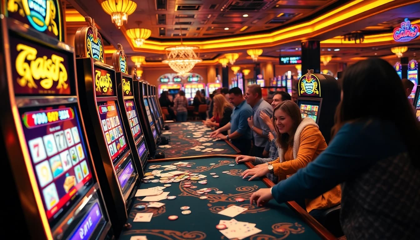 Pemain menikmati pembayaran tinggi di mesin slot gacor dalam suasana kasino yang ramai.