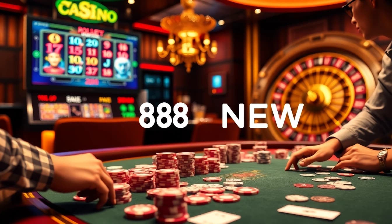 Exciting gambling action at 888NEW with poker chips and vibrant slot machines.