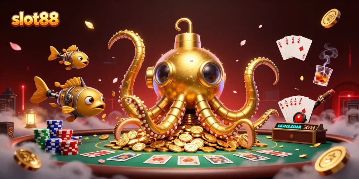 slot88 menang besar dengan ikan mekanik dan tentakel kraken di lautan koin emas