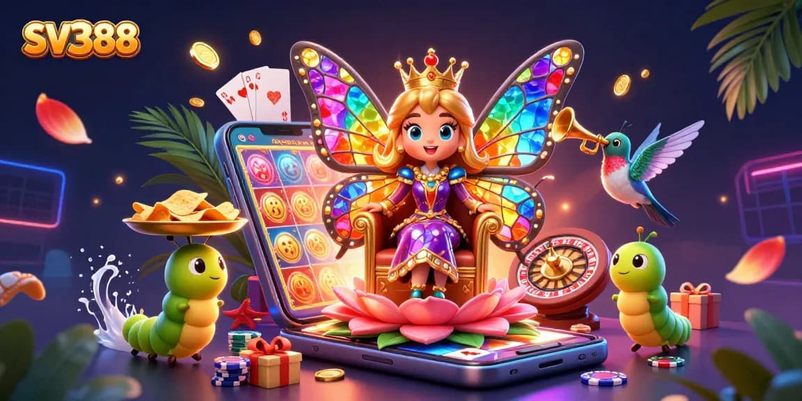 Experience the excitement of SV388 with vibrant casino elements and a magical butterfly queen.