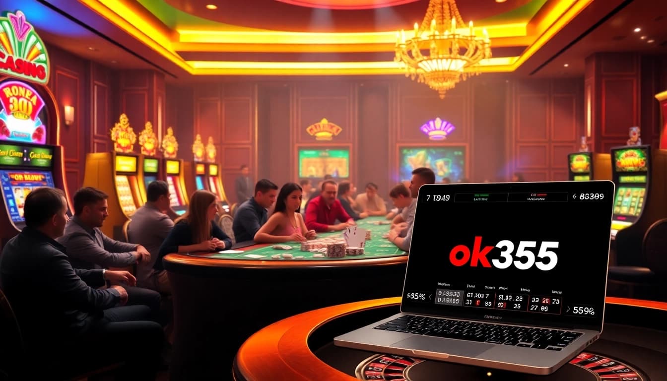 Engage in thrilling online gambling at ok365, featuring vibrant casino tables and colorful slot machines.
