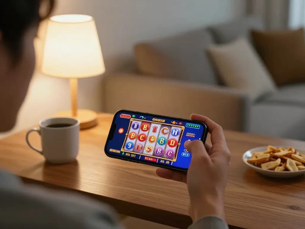 Engaging in mobile gaming on legendelectricnd with a vibrant slot machine display in a cozy setting