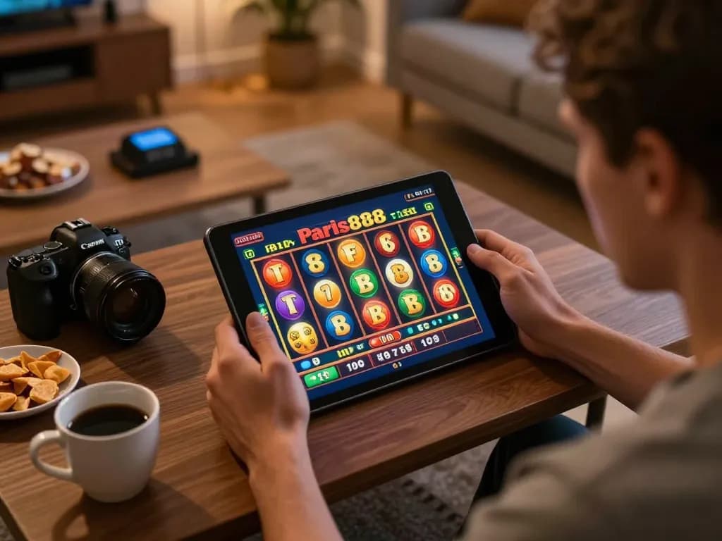Player immersed in the Paris888 slots game on a tablet, showcasing an engaging online gambling experience.