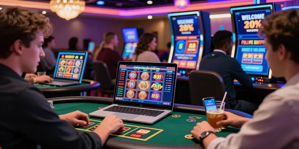 Experience the excitement of US online casinos with diverse players enjoying live dealer games and vibrant graphics.