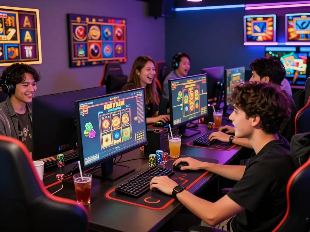 Sahabat menikmati slot gacor hari ini dalam suasana permainan yang semarak dengan token dan minuman berwarna-warni.