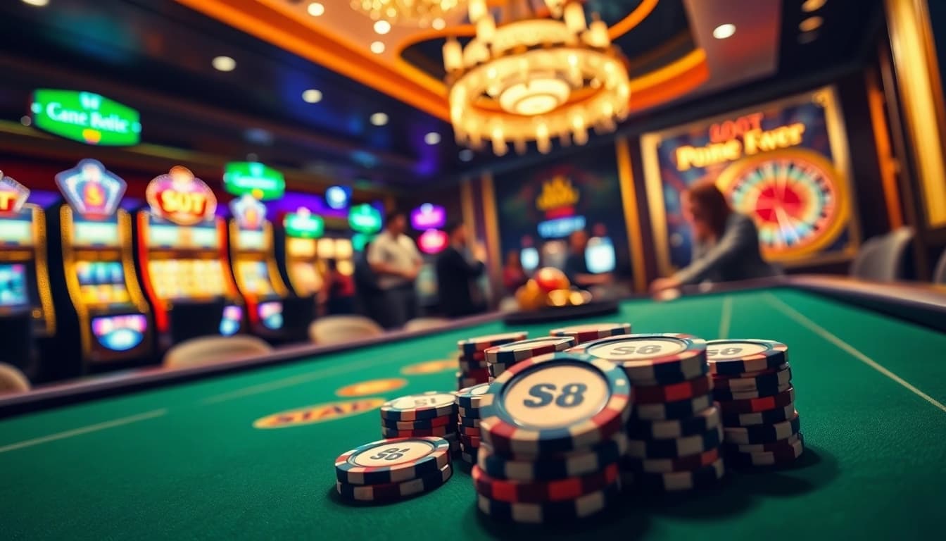 S8 gamblers placing bets at an elegant poker table surrounded by exciting slot machine action.