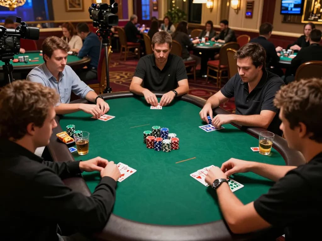 Suasana permainan poker yang menarik dengan pemain menganalisis kartu mereka dan chip berwarna di kasino mewah, terinspirasi oleh creativeblogposts.