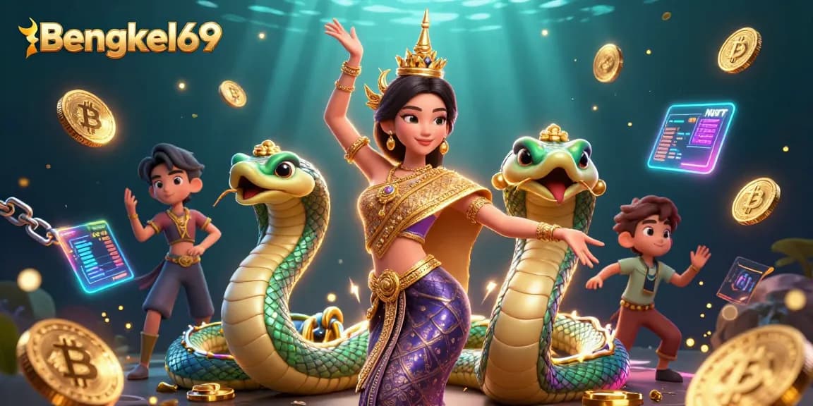Bengkel69 features a captivating illustration of an Asian woman in a Thai costume with slot reels, promoting engaging online slot gaming.