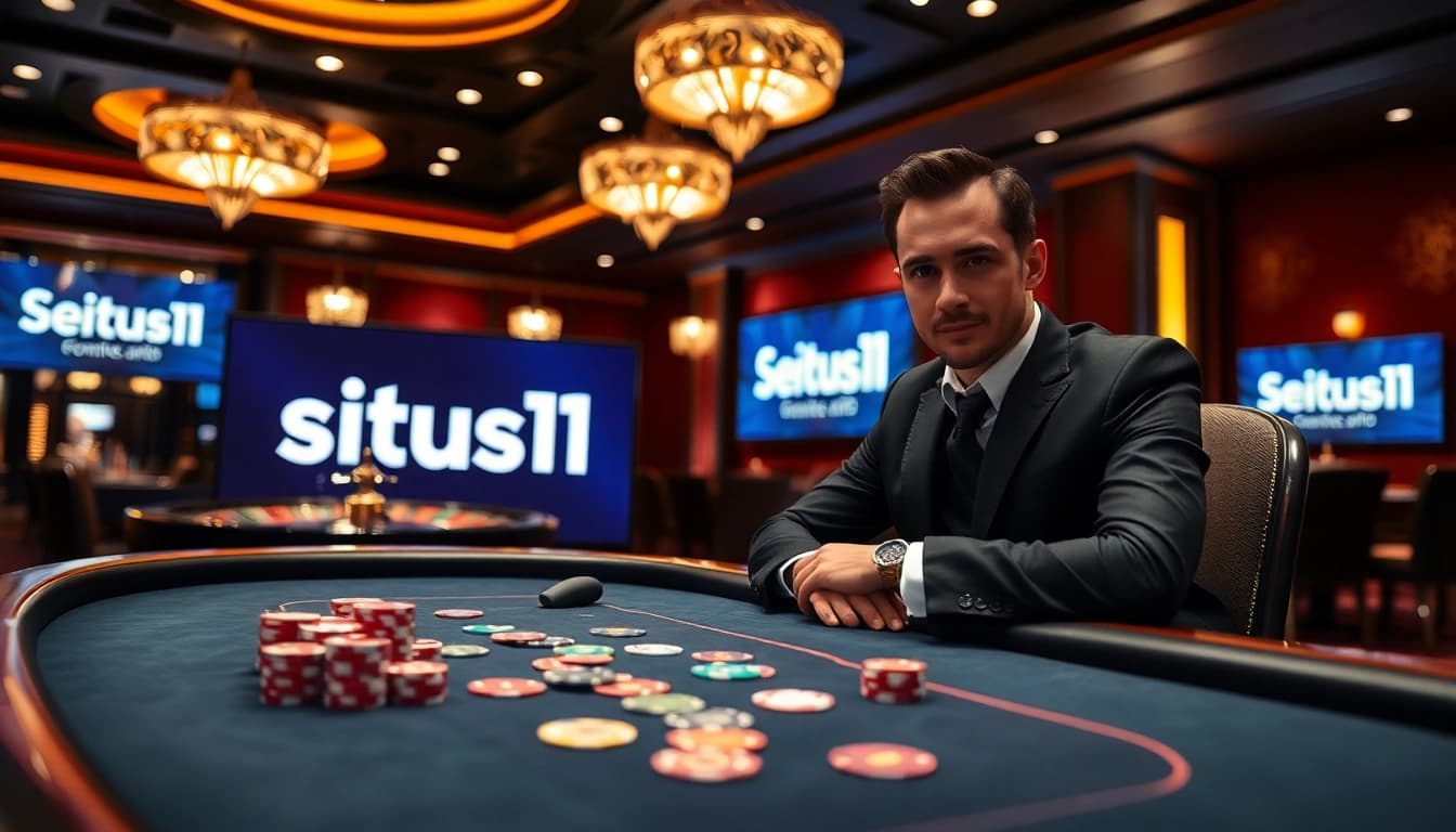 Situs11 player engaging in high-stakes poker at a glamorous casino table.