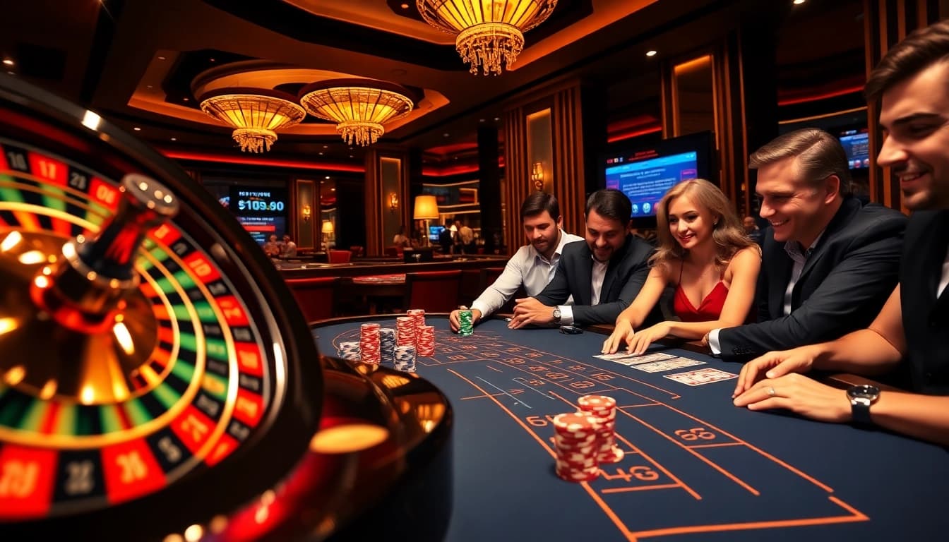 Engaged players celebrating wins at Ok365.com online casino, showcasing poker chips and roulette.