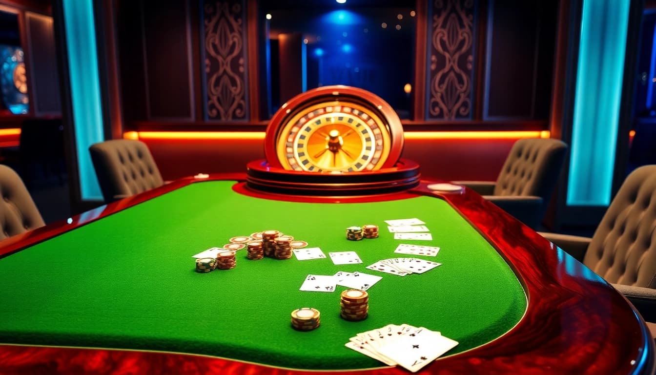 Experience luxury at Sun win casino with a vibrant gaming table, poker chips, and an exciting roulette wheel.