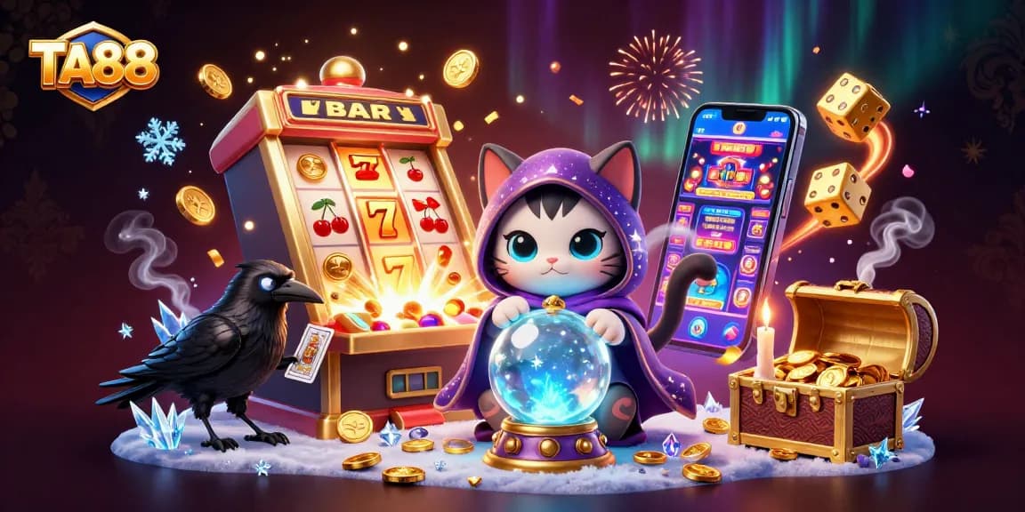 TA88 attracts attention with a mystic cat and a raven amid vibrant casino elements.