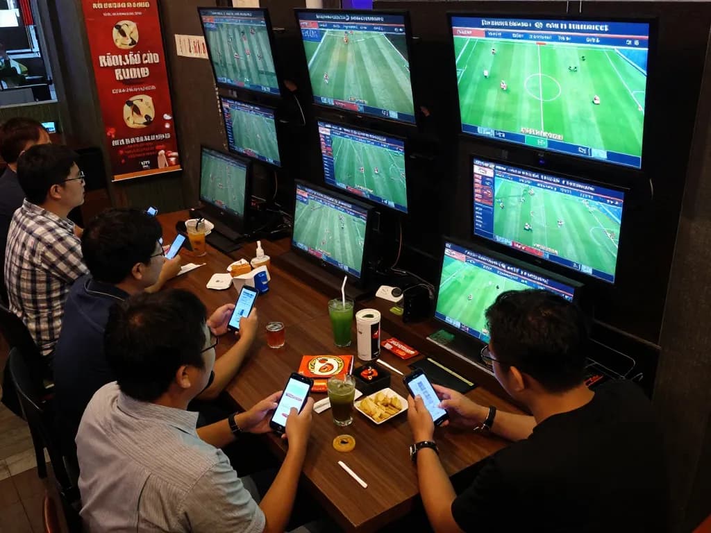Kèo nhà cái 5 sports betting scene showing enthusiastic bettors placing wagers in a lively sports bar.