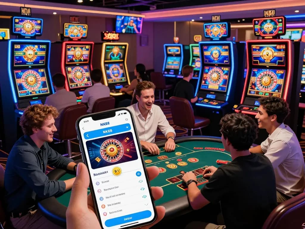 Exciting scene of players engaging with NK88 online casino games, celebrating wins in a vibrant, modern gaming atmosphere.