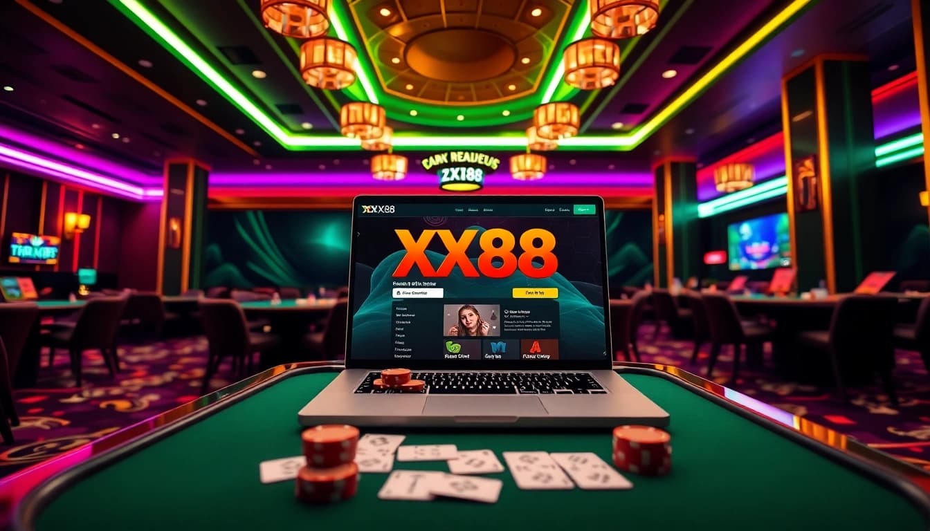 Experience the excitement of XX88 Game with vibrant casino tables, cards, and chips in a luxurious setting.