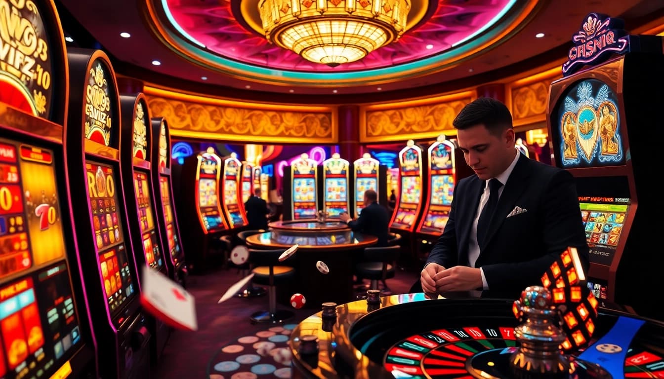 Experience RTP Live action with players winning at vibrant slot machines in an upscale casino.