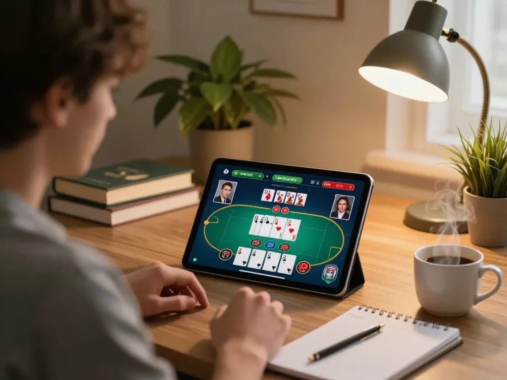 Person using iwin tablet for online poker betting in a cozy, warm-lit home office.