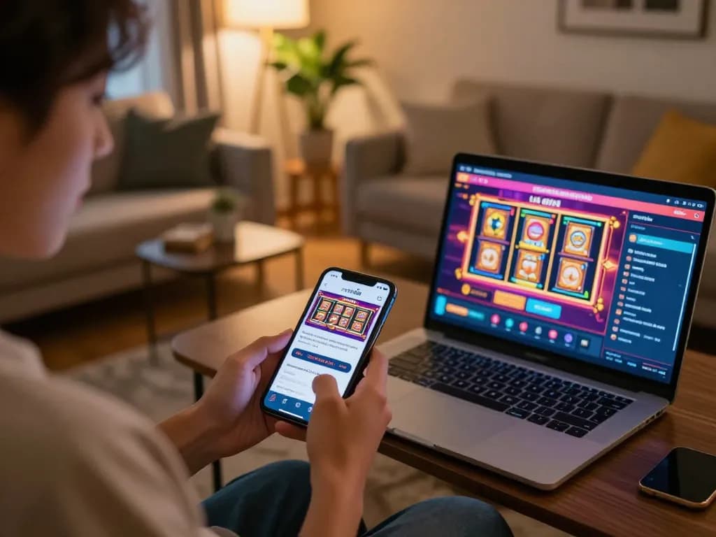 Engaging with the ทางเข้า m99 mobile casino app in a cozy home setting, highlighting the gaming experience.