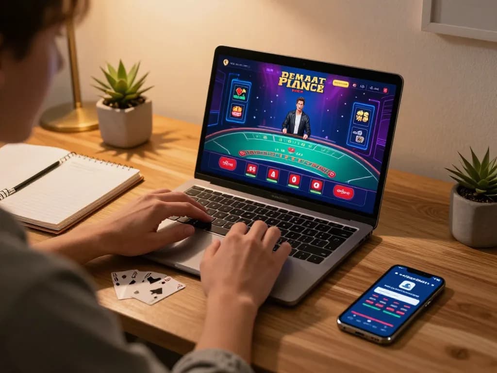 pemain ap686 merencanakan strategi sambil menikmati blackjack di laptop dalam suasana rumah yang nyaman.