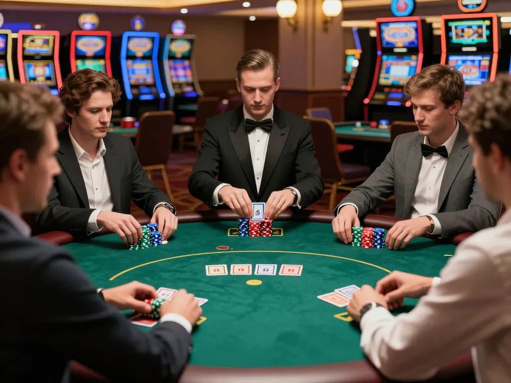 VT88 players strategizing at an upscale poker table in a vibrant casino setting
