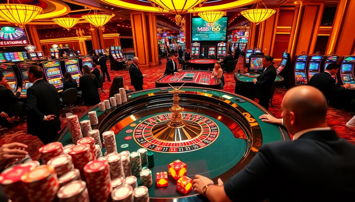 Engaging scene showcasing high-stakes gambling at a casino with MB66-themed roulette tables and vibrant poker gameplay.