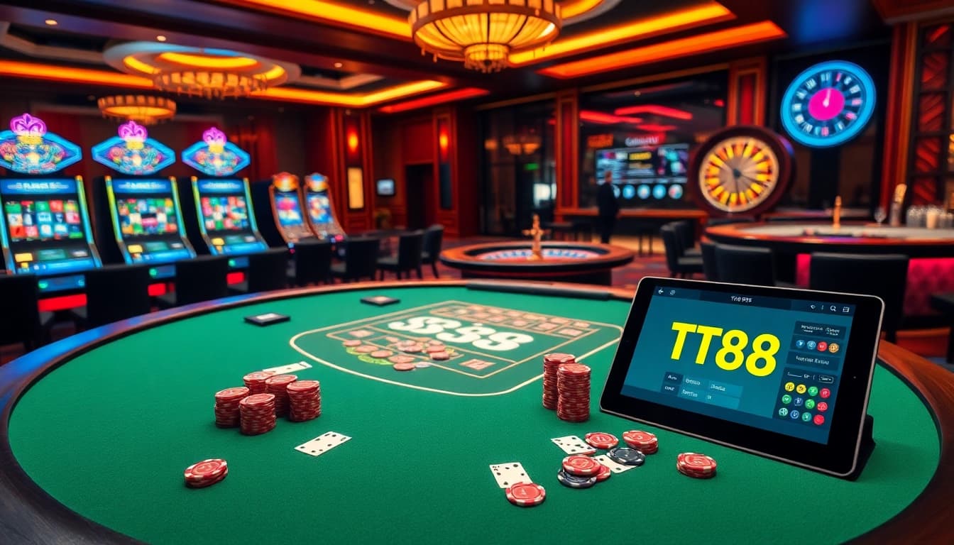 Engaging casino scene at TT88 with players, slot machines, and a roulette wheel.