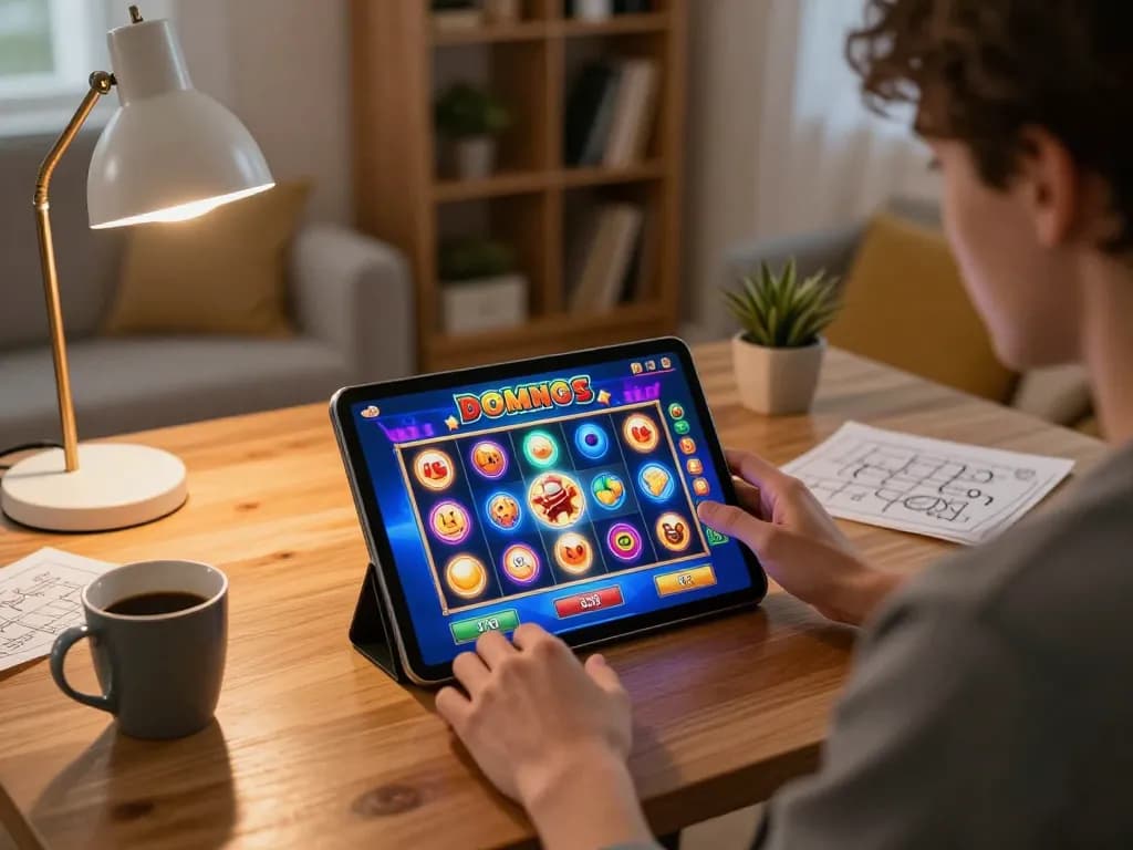 Player engaging with slots where you can buy bonus on a tablet at home, showcasing a cozy gaming setup.