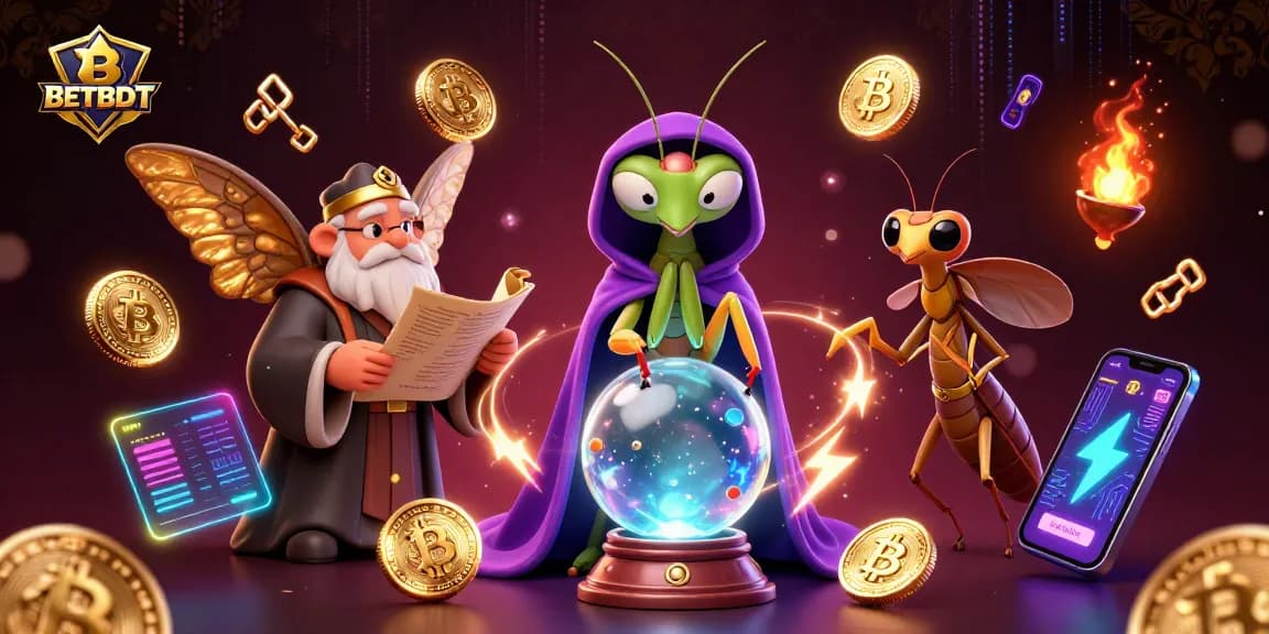 Engage with BETBDT's vibrant casino experience in this dynamic 3D illustration featuring fortune tellers and cryptocurrency elements.