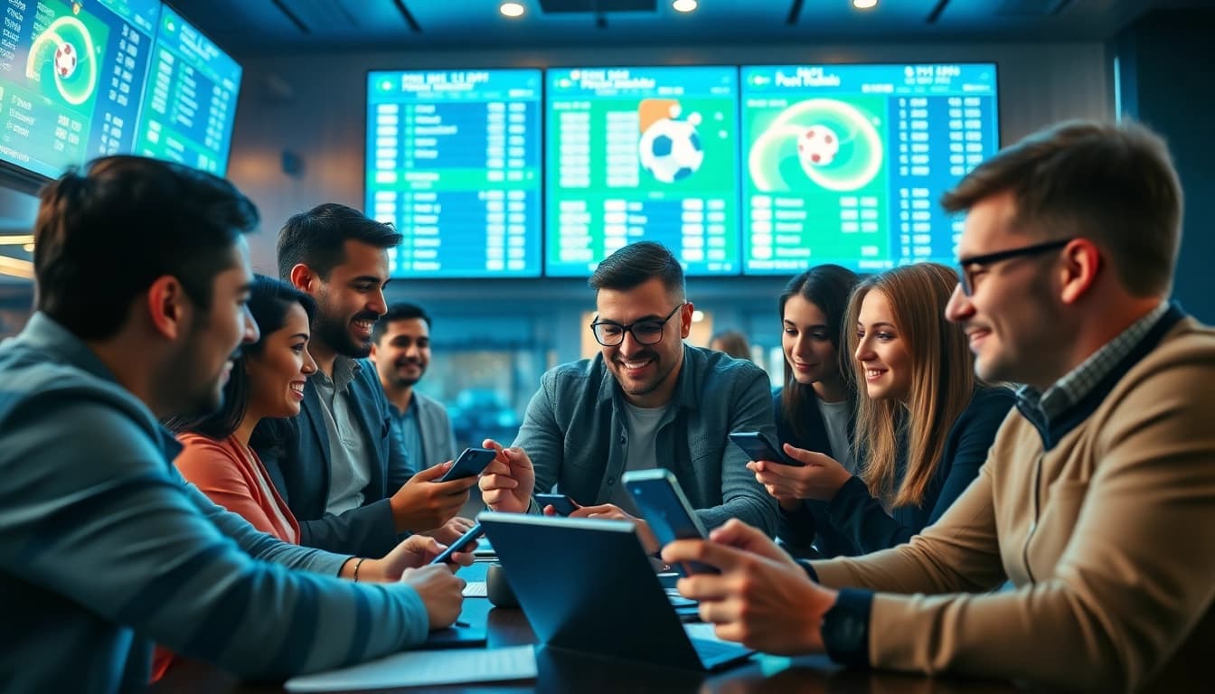 Individuals engaged in football betting analysis with digital screens showcasing keonhacai live odds.