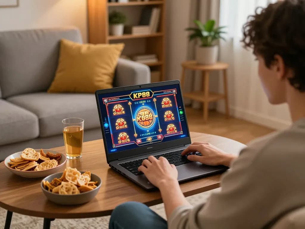 Engaging player enjoying KP88 online slots at home, demonstrating strategic gaming focus and responsible entertainment.