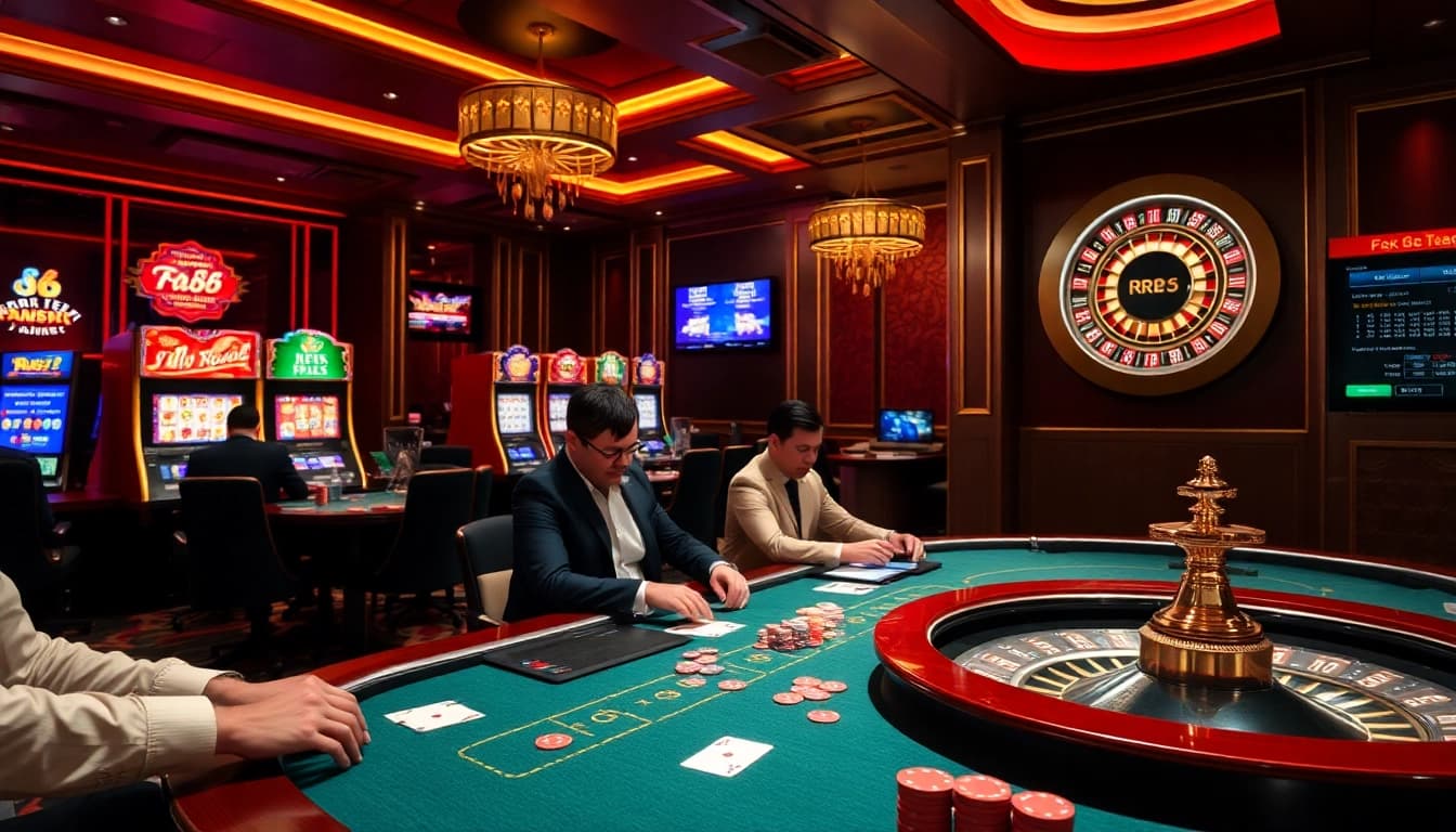 Engaged players at RR88 cheer while betting at a vibrant poker table.