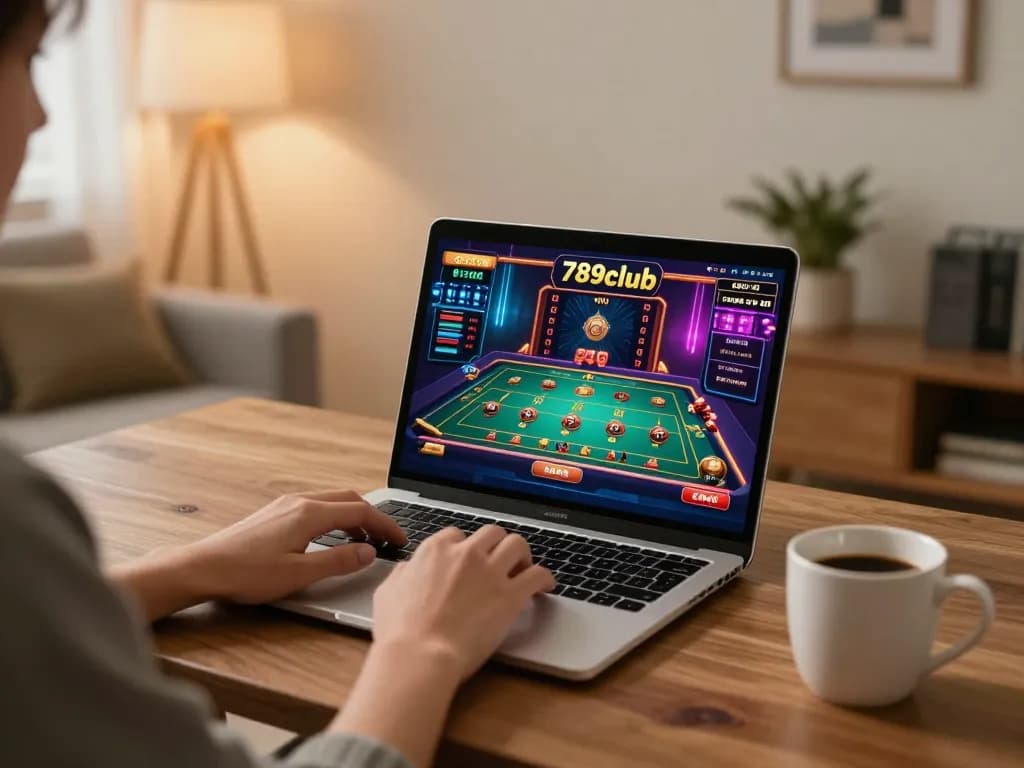 Person enjoying online gaming on 789club laptop in a cozy home setting