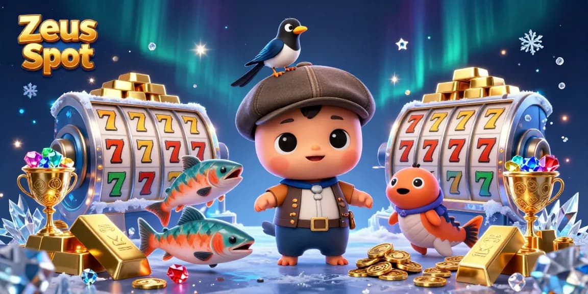 Win big with Zeus Slot as cute characters spin the reels in this vibrant casino illustration.