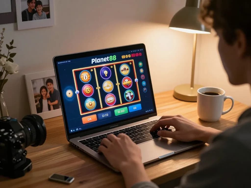 Player enjoying a thrilling gaming session on Planet88, showcasing vibrant graphics on laptop screen.