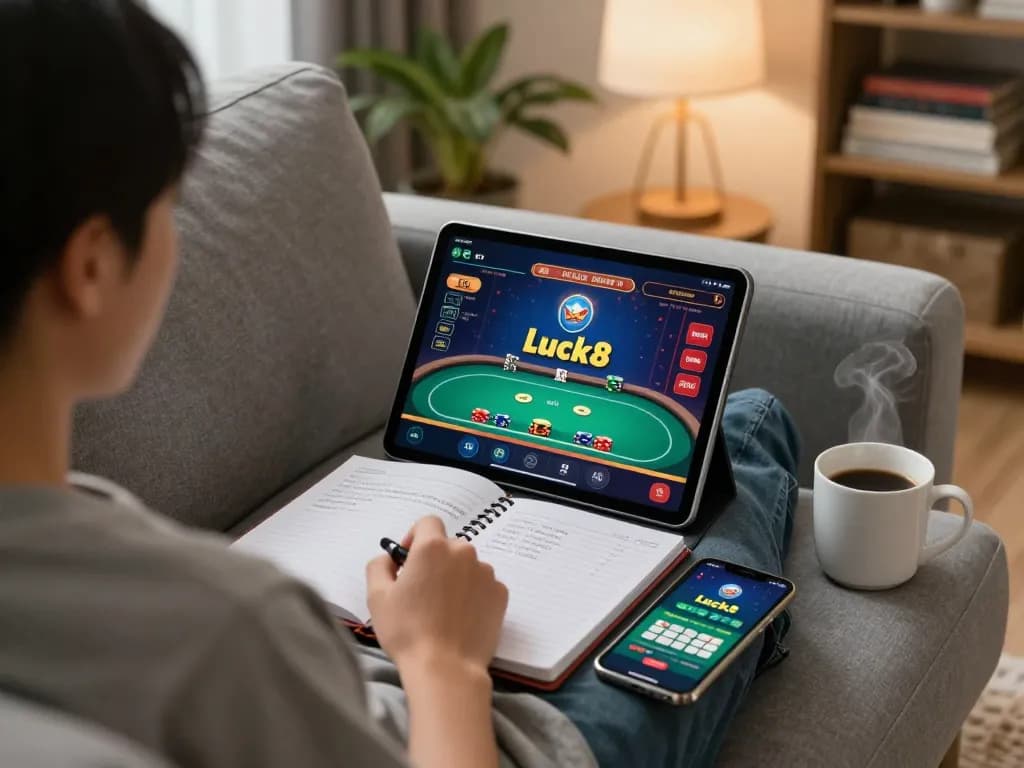 Engaging in strategic online gambling at Luck8 trang chủ on tablet in a cozy home setting