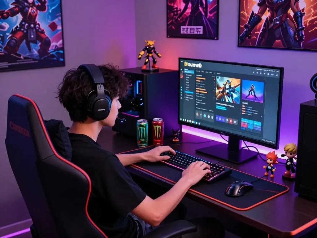 Player accessing link vào sunwin in vibrant gaming setup with modern equipment.