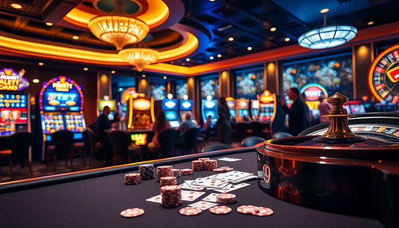 I9BET gaming table filled with poker chips and playing cards in a luxurious casino atmosphere.
