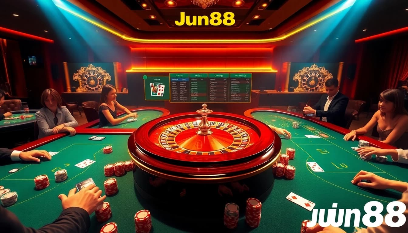 Players enjoying a thrilling gambling experience at Jun88's luxurious casino tables filled with vibrant poker chips.
